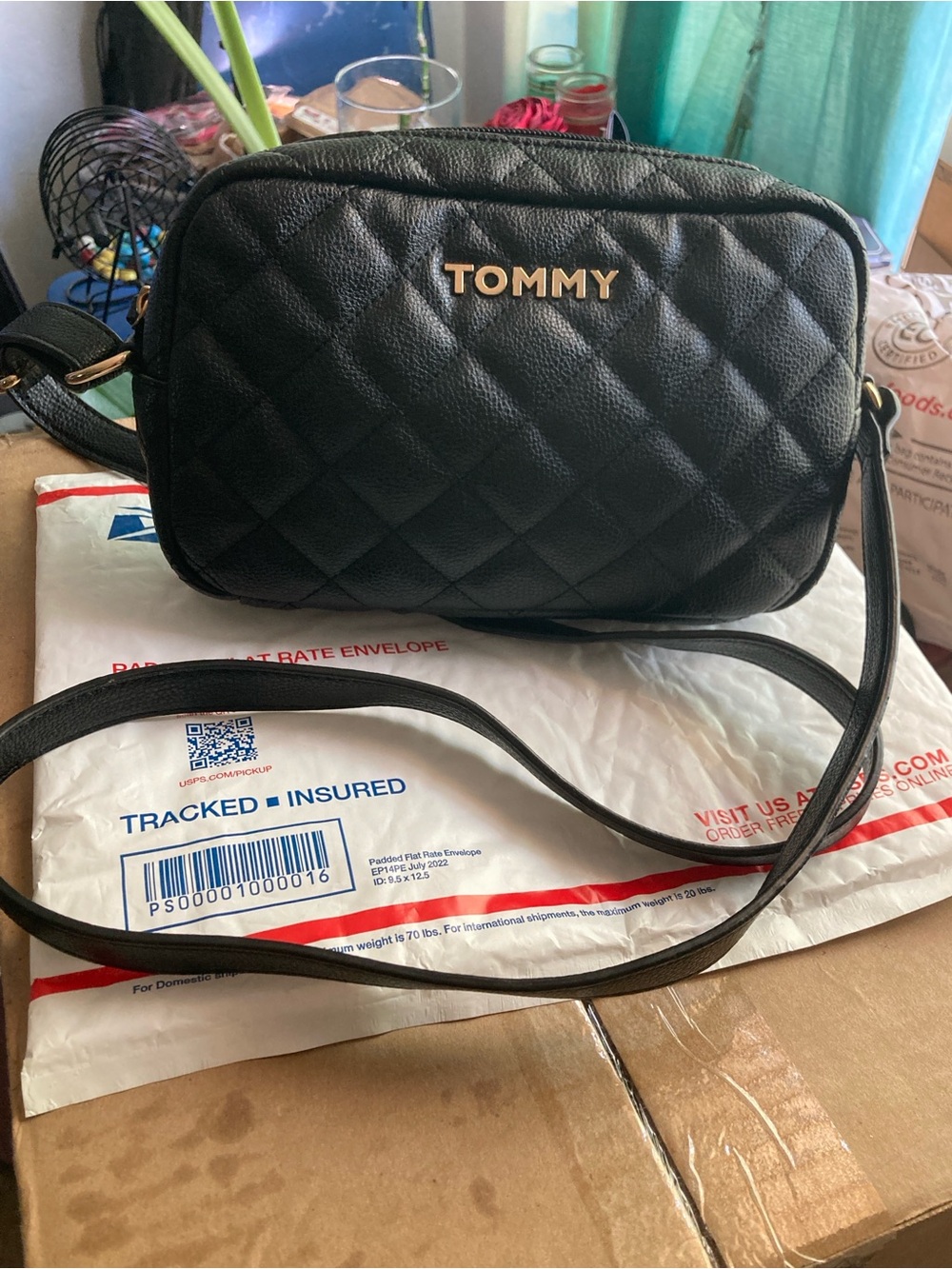 Tommy Hilfiger Quilted Black Crossbody Bag with Gold Logo